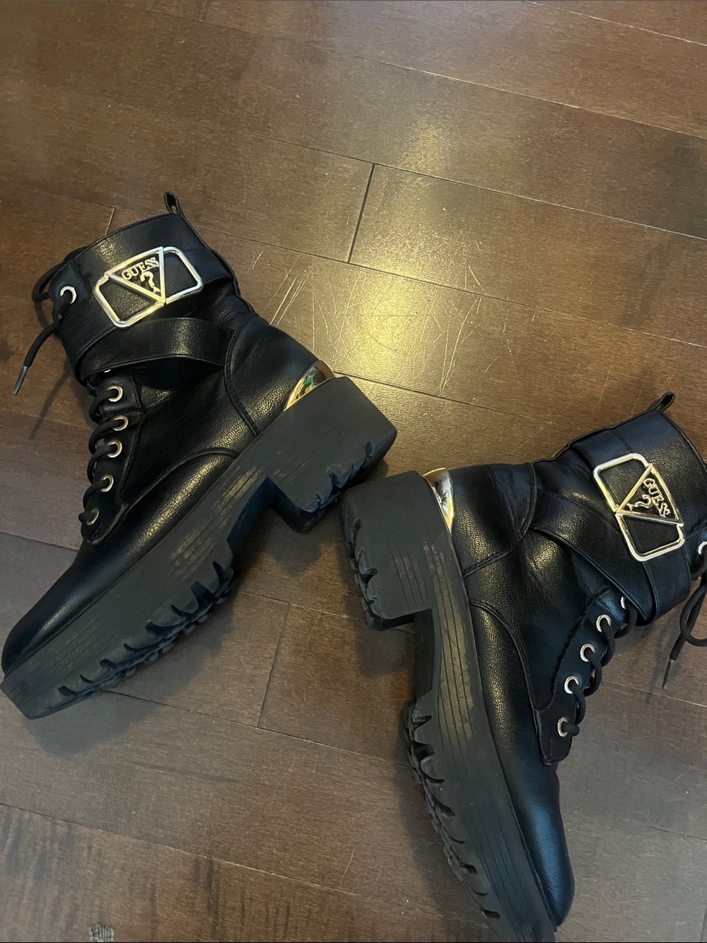 Guess Black Lace-Up Platform Combat Boot with Gold Hardware